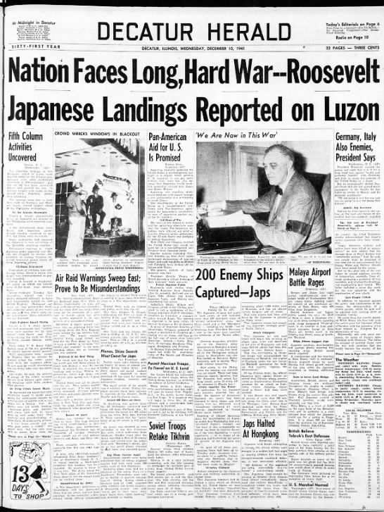 The Decatur Herald, 10 Dec 1941, Wed, Page 1